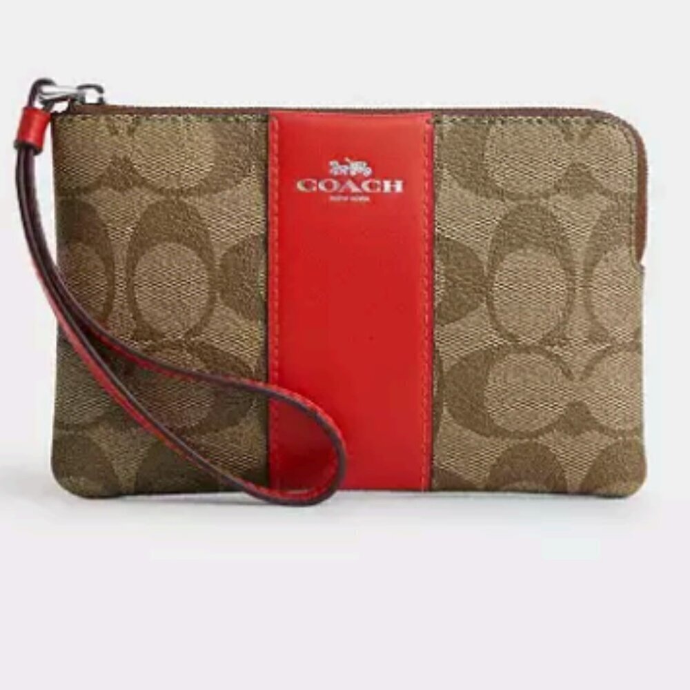 Coach Zip Wristlet In Signature Canvas Silver Khaki Miami Red